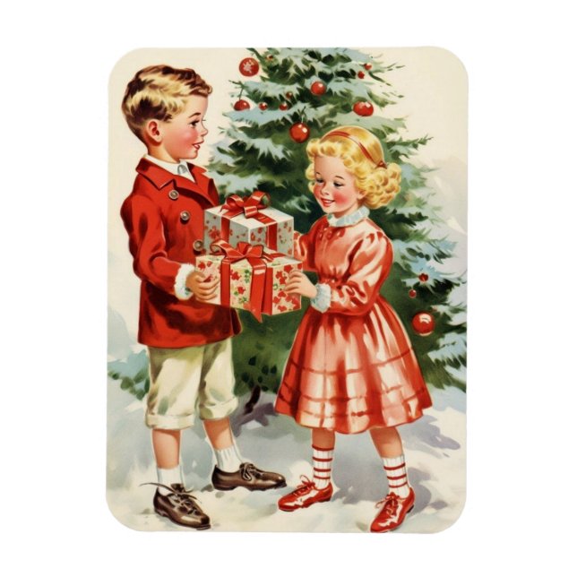 Boy and girl giving each other Christmas presents Magnet (Vertikal)