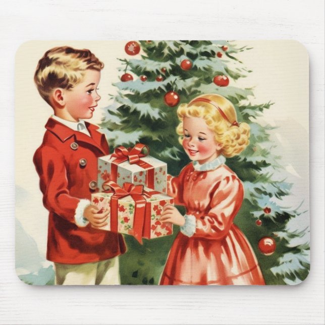 Boy and girl giving each other Christmas presents Musmatta (Framsidan)
