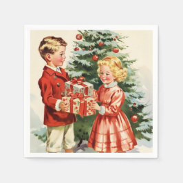 Boy and girl giving each other Christmas presents Pappersservett