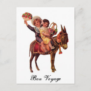 Boy and Girl Riding a Donkey, Bon Voyage Vykort