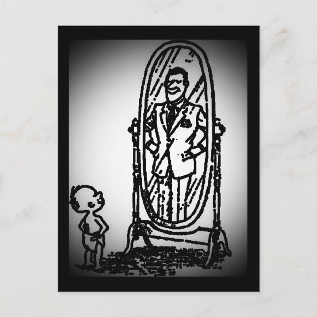 Boy and Man Tittar i Spegel Vykort (Framsida)