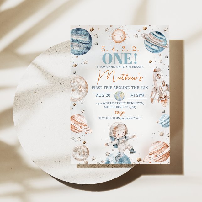 Boy Astronaut First Resa runt Sol födelsedag Inbjudningar (Boys First Trip Around the Sun 1st Birthday Invitation Template Instant Download, Astronaut Space)