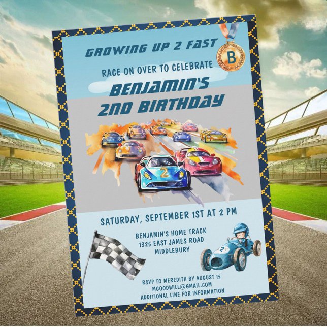 *Boy Auto Car Racing Theme 2nd Birthday Party Inbjudningar (Skapare uppladdad)