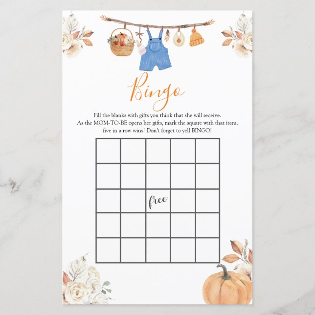 Boy Autumn Clothes Pumpkin Fall Baby Shower Bingo (Framsida)