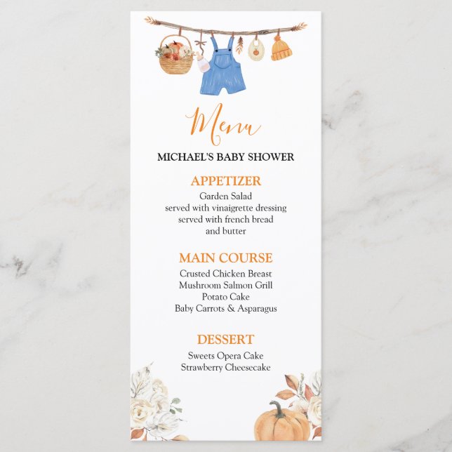 Boy Autumn Clothes Pumpkin Fall Baby Shower Menu Meny (Framsida)