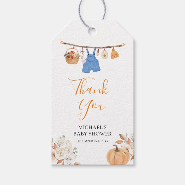 Boy Autumn Clothes Pumpkin Fall Baby Shower Presentetikett (Framsidan)
