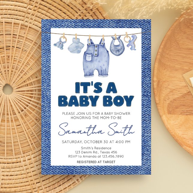 Boy Baby blue Jean Baby Shower Inbjudningar (Blue Jean Denim Baby Shower Invitation)