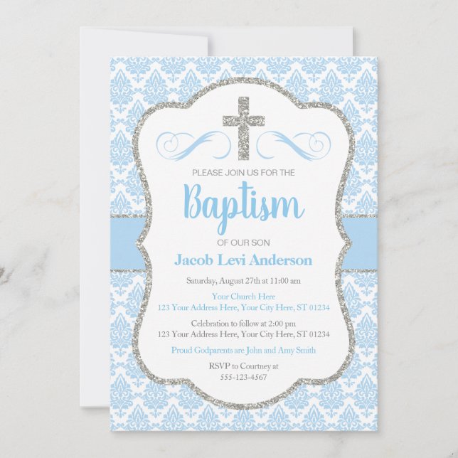 Boy Baby blue och Silver Damask Baptism Inbjudningar (Framsida)