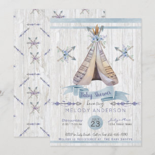 Boy Baby blue Shower Boho Chic Teepee & Arrows Inbjudningar