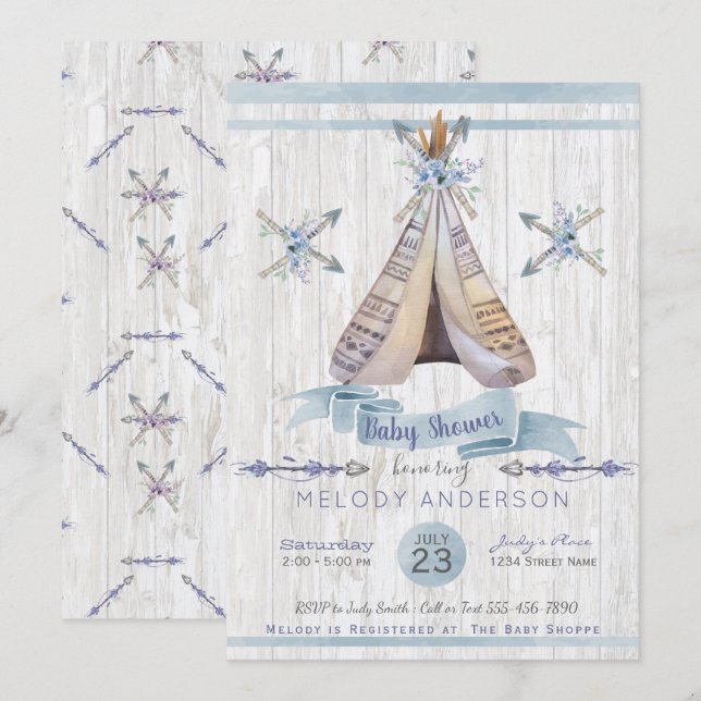 Boy Baby blue Shower Boho Chic Teepee & Arrows Inbjudningar (Fram/baksida)