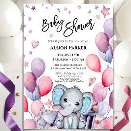 Boy Baby Elephant Blue Balloons Cute Baby Shower Inbjudningar