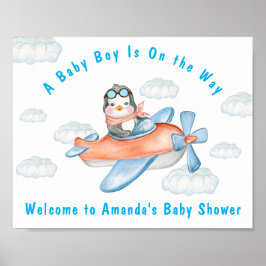 Boy Baby Shower Airplan Blue Penguin Poster