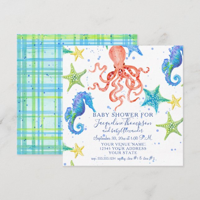 Boy Baby Shower Beach Starfish Octopus Seahorse Inbjudningar (Fram/baksida)