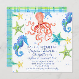 Boy Baby Shower Beach Starfish Octopus Seahorse Inbjudningar