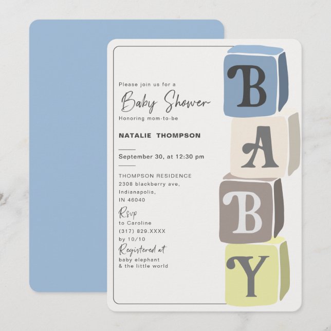 Boy Baby Shower Blocks Blue Inbjudningar (Fram/baksida)