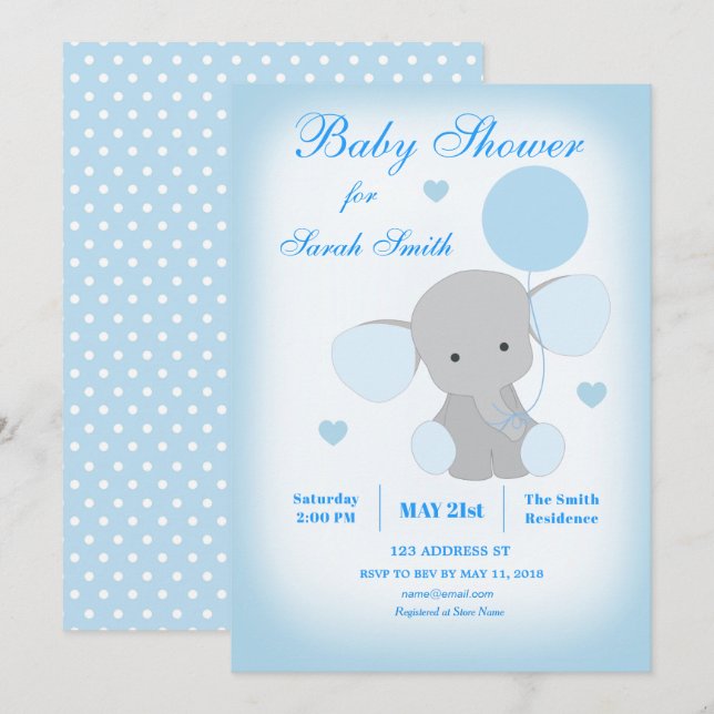 Boy Baby Shower Blue Elephant-inbjudan Inbjudningar (Fram/baksida)