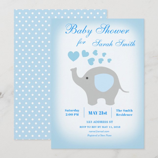 Boy Baby Shower Blue Elephant-inbjudan Inbjudningar (Fram/baksida)