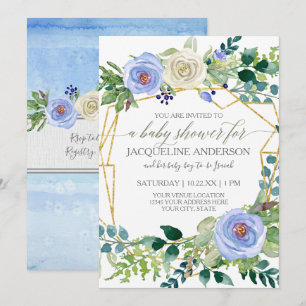 Boy Baby Shower Blue i Vit ros Geometric Ram Inbjudningar
