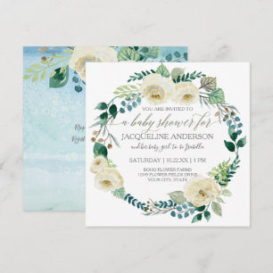 Boy Baby Shower Blue i Vit ros Löv Wand Inbjudningar