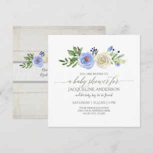 Boy Baby Shower Blue i Vit ros Rustic Wood Inbjudningar