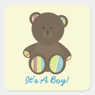 Boy Baby Shower Brown stuffade Bear Boho Dots Fyrkantigt Klistermärke