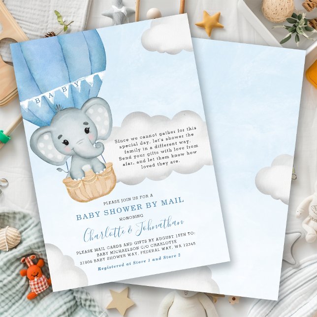 Boy Baby Shower by Mail Elephant Blue Inbjudningar (Boy Baby Shower By Mail Elephant Blue Invitation)