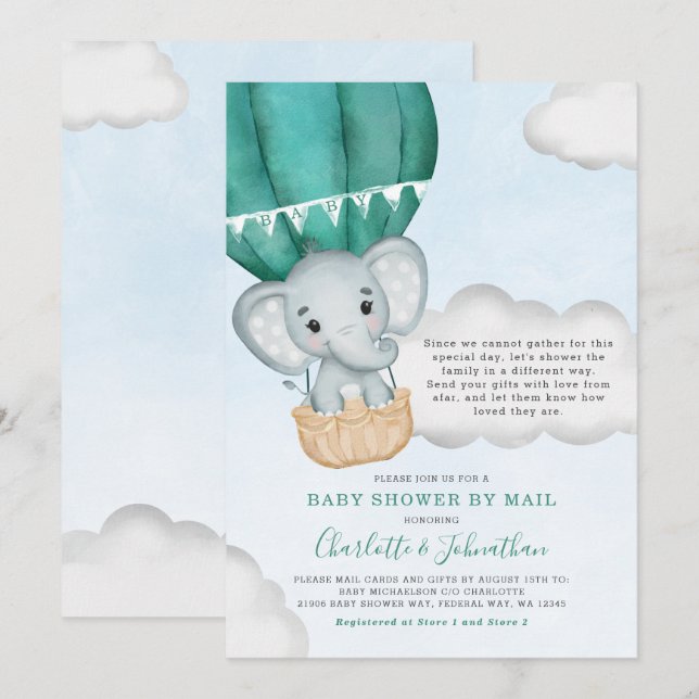 Boy Baby Shower by Mail Elephant Teal Inbjudningar (Fram/baksida)