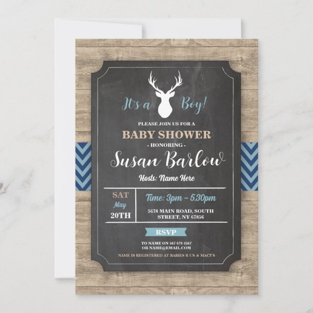 Boy Baby Shower Chalk Rustic Antler Stag Inbjudan (Framsida)