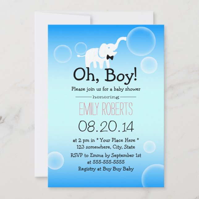 Boy Baby Shower Cute Elephant & Bubbles Inbjudningar (Framsida)
