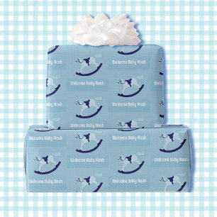 Boy Baby Shower Cute Rocking Horse Namn Blue Presentpapper