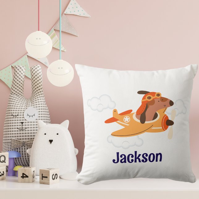 Boy  Baby Shower Dog Pilot Airplane Cloud Funny Kudde (Skapare uppladdad)
