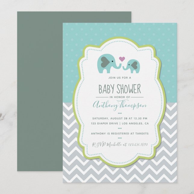Boy Baby Shower Elephants-inbjudan Inbjudningar (Fram/baksida)