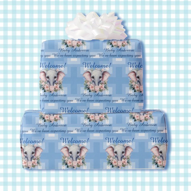 Boy Baby Shower eller Newborn Elephant Add Namn Presentpapper (Skapare uppladdad)