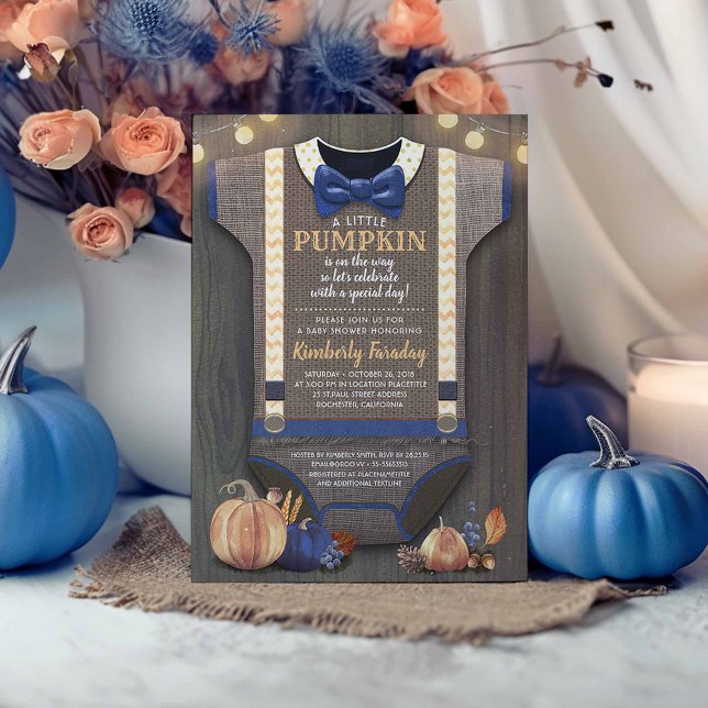 Boy Baby Shower Fall Pumpkin Rustic Burlap Wood Inbjudningar (Navy Blue and Orange Rustic Fall Baby Shower Invitations)