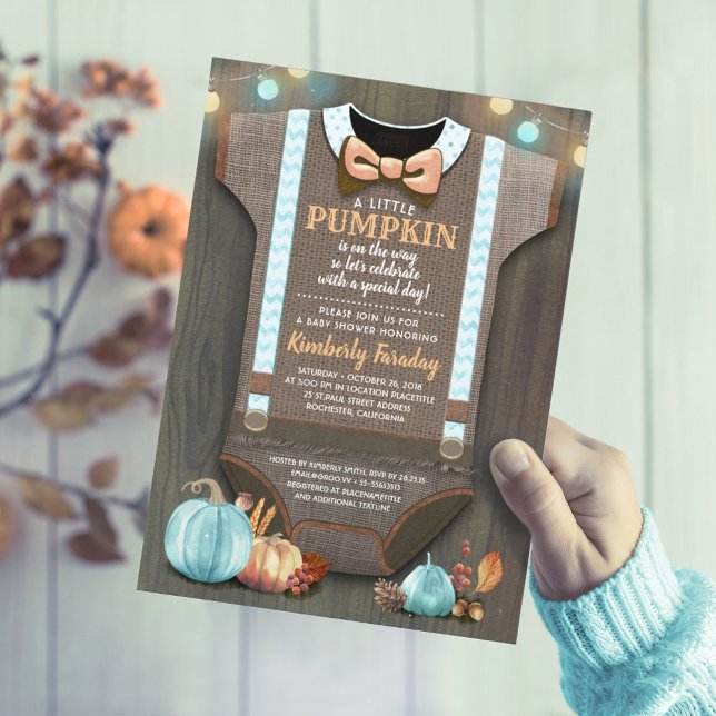 Boy Baby Shower Fall Pumpkin Rustic Burlap Wood Inbjudningar (Orange and Blue Rustic Fall Baby Shower Invitations)