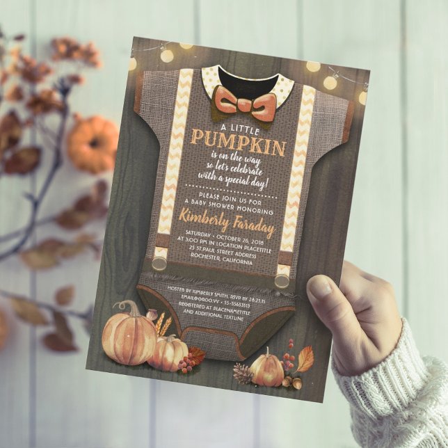 Boy Baby Shower Fall Pumpkin Rustic Burlap Wood Inbjudningar (Skapare uppladdad)