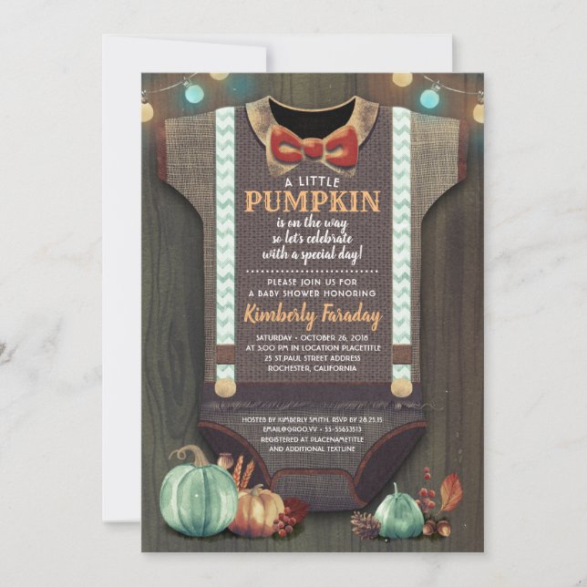 Boy Baby Shower Fall Pumpkin Rustic Burlap Wood Inbjudningar (Framsida)