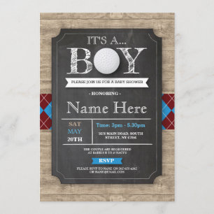 Boy Baby Shower Golf Boll Argyle Chalk Inbjudan