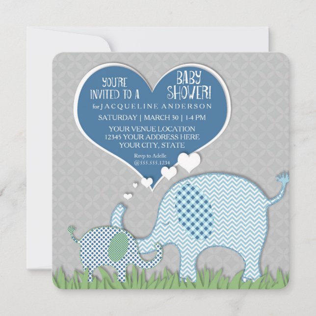 Boy Baby Shower Heart Elephants Retro Modern Inbjudningar (Framsida)