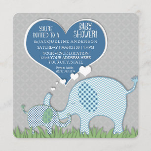 Boy Baby Shower Heart Elephants Retro Modern Inbjudningar