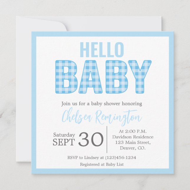Boy Baby Shower-inbjudan - Blue Gingham Inbjudningar (Framsida)