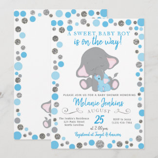 Boy Baby Shower-inbjudan, Elephant Baby Shower Inbjudningar