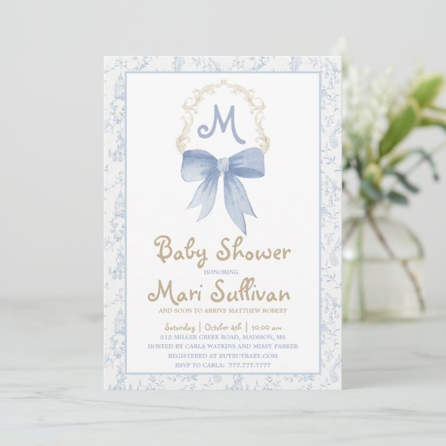 Boy Baby Shower-inbjudan med Blue Damask Inbjudningar (Stående Fram)