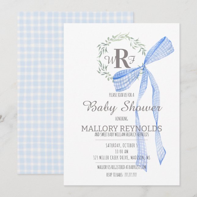 Boy Baby Shower-inbjudan Monogram & Gingham Bow Inbjudningar (Fram/baksida)