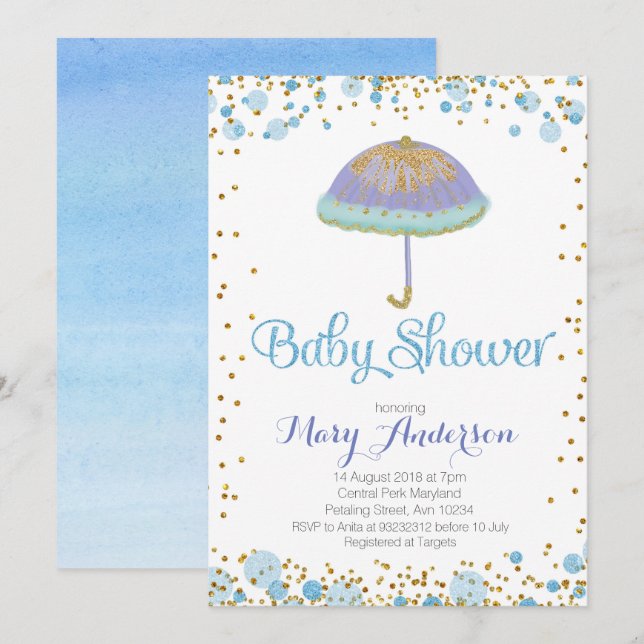 BOY Baby Shower-inbjudan, paraply Inbjudningar (Fram/baksida)