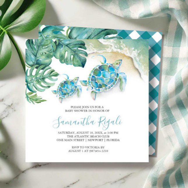 Boy Baby Shower-inbjudningar Tropical Watercolor Inbjudningar (boy baby shower watercolor sea turtle tropical beach art by Victoria Grigaliunas Do Tell A Belle)