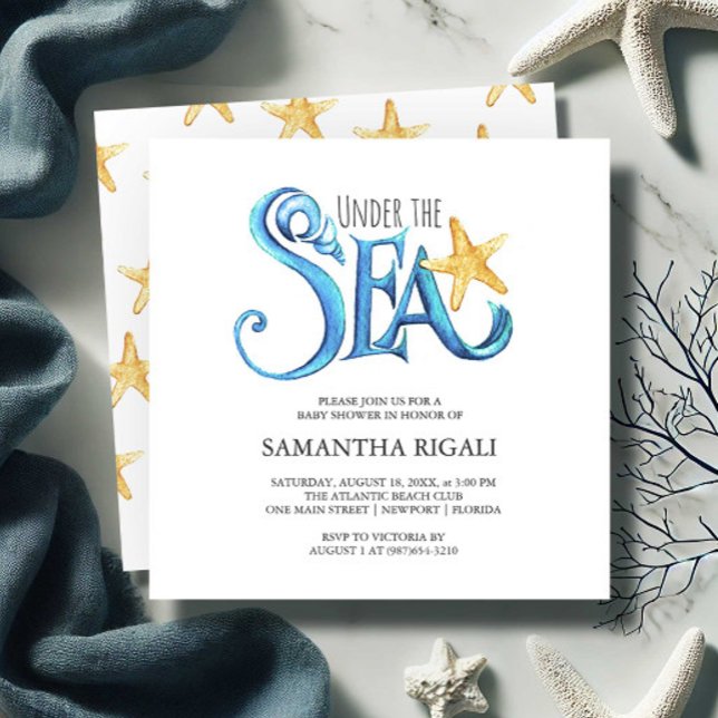 Boy Baby Shower-inbjudningar Watercolor Starfish Inbjudningar (Boy baby shower invitations under the sea theme blue and orange watercolor art Victoria Grigaliunas)