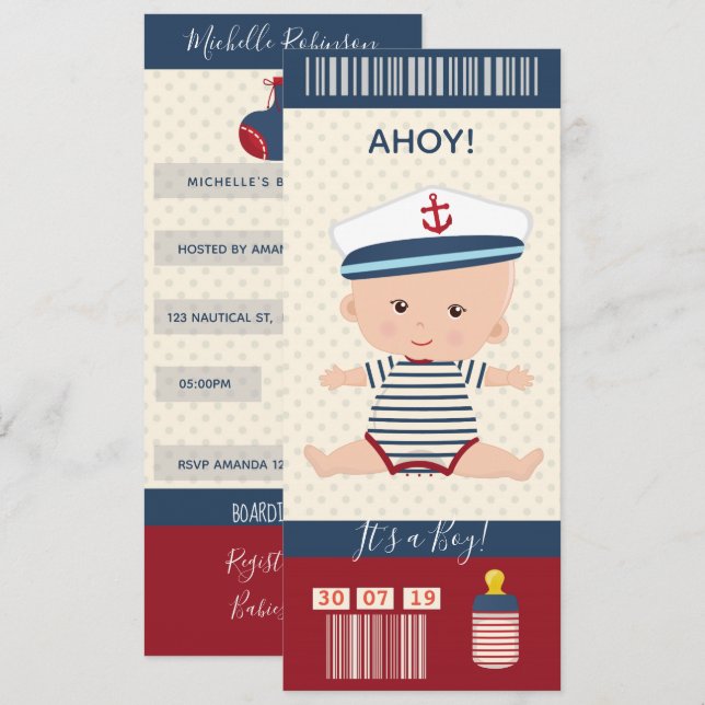 Boy Baby Shower Nautical Boarding Pass Biljett Inbjudningar (Fram/baksida)
