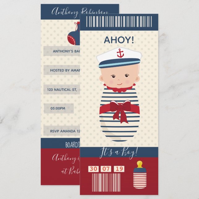 Boy Baby Shower Nautical Boarding Pass Biljett Inbjudningar (Fram/baksida)