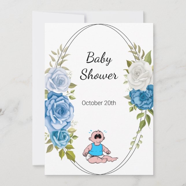 Boy Baby Shower Party Blåa blommor White Inbjudningar (Framsida)